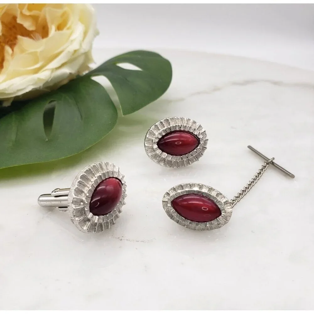 Vtg Garnet Pink Tiger's Eye Stone Fluted Silver Halo Cufflinks & Tie Tack Set